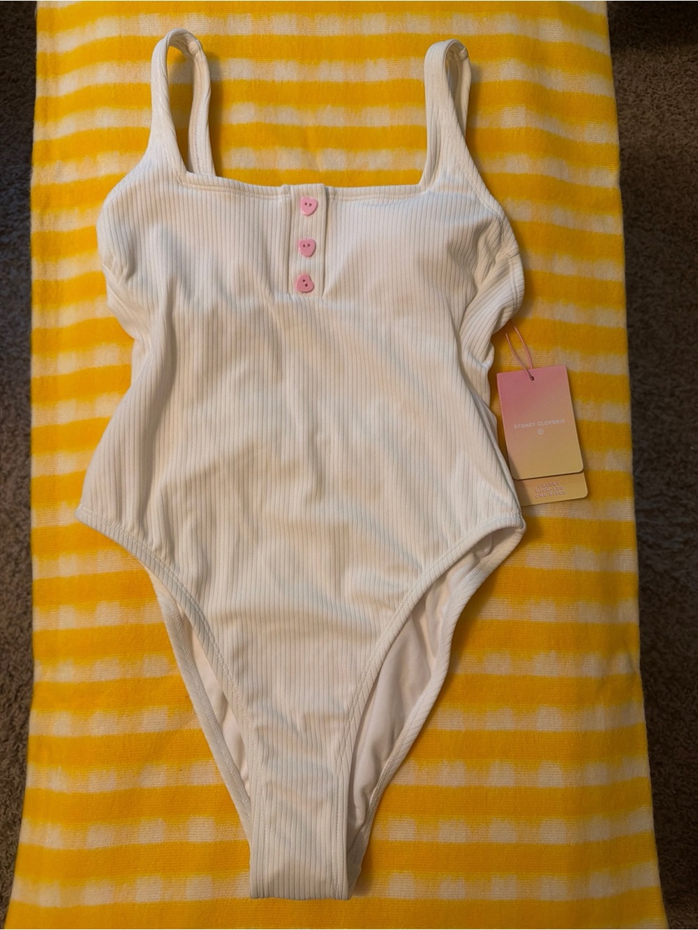 NWT Stoney Clover Lane x Target White Ribbed One Piece Swimsuit Heart Buttons XS